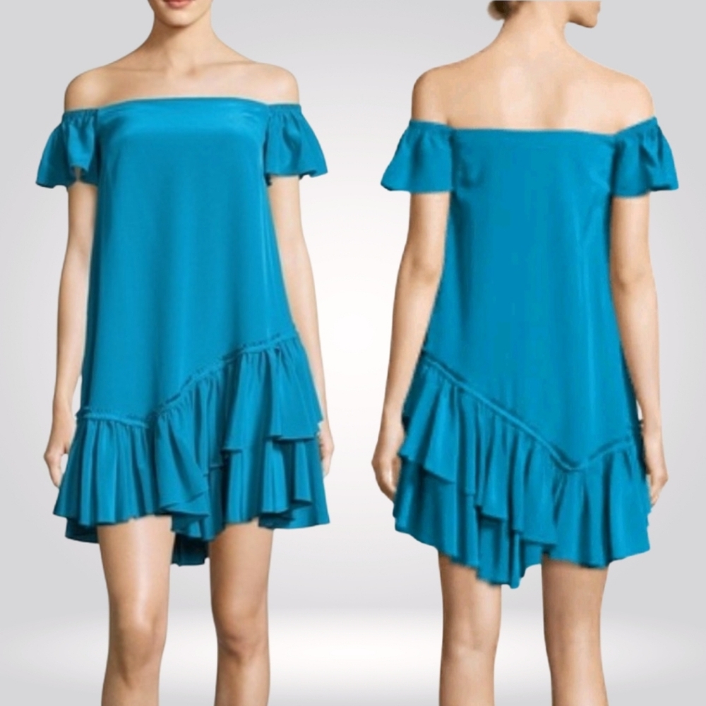 NEW Cinq a Sept Minella Off The Shoulder Ruffle Satin Teal Party Mini Dress Sz 8